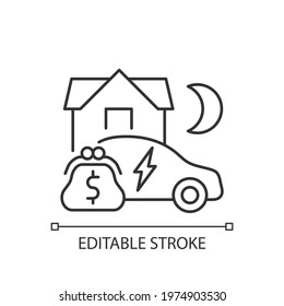 EV energy tariff linear icon. Paying specific amount of money for charging up electric vehicle. Thin line customizable illustration. Contour symbol. Vector isolated outline drawing. Editable stroke