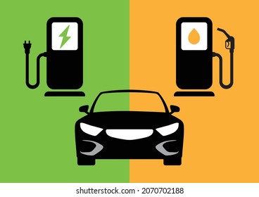 EV Environment friendly electric car vs conventional internal combustion engine automobile graphic. Editable Vector illustration EPS 10.