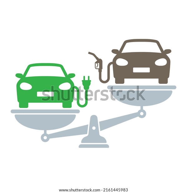 EV Environment friendly\
electric car vs conventional internal combustion engine automobile\
on a weighing scales graphic. Editable Vector illustration EPS\
10.