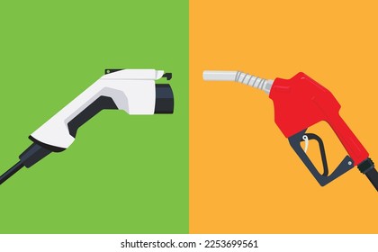 EV Vehículo eléctrico amigable con el medio ambiente frente al motor de combustión interna convencional ICE gráfico para automóviles. Ilustración del vector editable EPS 10.