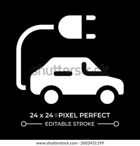 EV glyph ui icon isolated on black. Car with plug using electricity to drive. Clean electric vehicle riding. Ecology care. Vector solid symbol dark mode. User interface element, pixel perfect