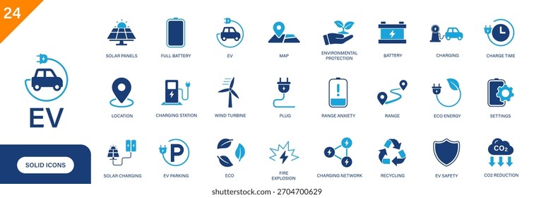 Ícone VE. Inclui energia verde, estação de carregamento, bateria, carregamento, alcance. Conjunto de ícones de vetor sólido.