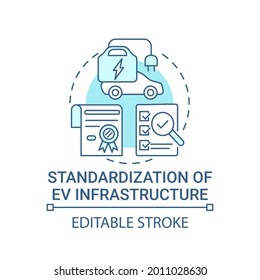 EV infrastructure standardization concept icon. Electric vehicles charging stations accessibility abstract idea thin line illustration. Vector isolated outline color drawing. Editable stroke