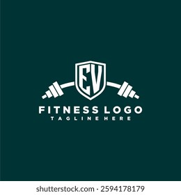 EV initial monogram for fitnes or gym logo with creative shield and barbell design