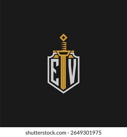 Monograma inicial do VE para imagem em estilo escudo e espada