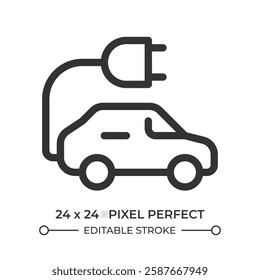 EV line ui icon. Car with plug using electricity to drive. Clean electric vehicle riding. Ecology care. Isolated vector outline symbol. Webdesign user interface element linear, pixel perfect