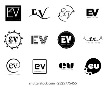 Modelo de empresa de logotipo EV. Letra e e logotipo v. Defina diferentes letras serifas clássicas e texto em negrito moderno com elementos de design. Tipografia inicial da fonte. Coleção de identidade de negócios na moda.