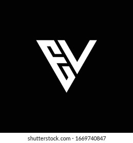 EV Logo letter monogram with triangle shape design template isolated on black background