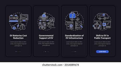 EV main trends onboarding mobile app page screen. Electric car standardization walkthrough 4 steps graphic instructions with concepts. UI, UX, GUI vector template with linear night mode illustrations