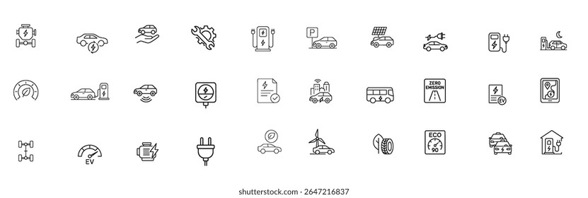 EV Mobility Stroke Icon Pack. Featuring Battery, Plug, Charging Station, and E-Car Elements. Editable Outline Style.