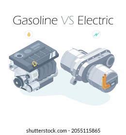 ev motor vs engine electric power and gasoline power isometric - Shutterstock ID 2055115865
