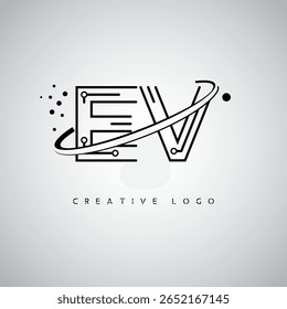 EV Orbit Monogram Logo – Futuristic Minimal Letter mark with Circular Line Art, Tech-Inspired Dots and Space Motion Concept for Modern Branding Identity