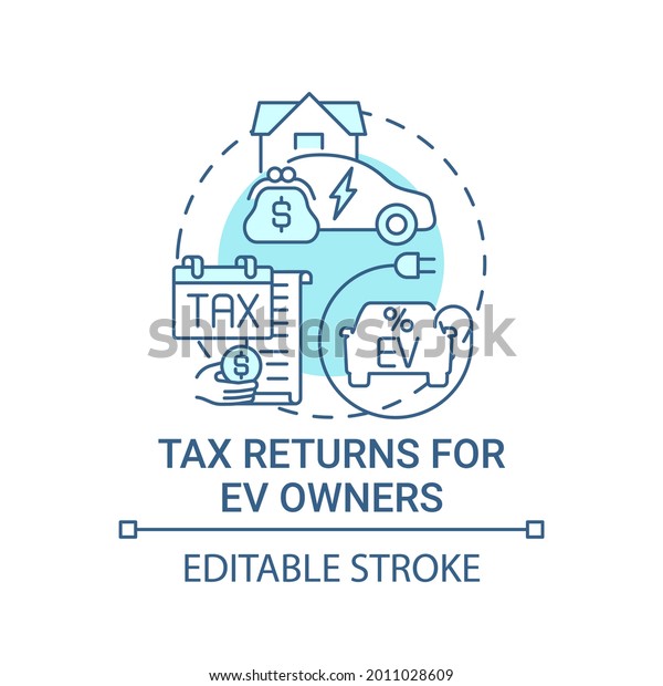 EV owners tax returns concept icon. Green car zero\
emissions abstract idea thin line illustration. Alternative energy\
independence and security. Vector isolated outline color drawing.\
Editable stroke