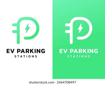 EV Parking Station with letter P Plug Connector Lightning Bolt Symbol logo vector design concept. Electric vehicle charging logotype symbol for Electric Car, EV station, ui, business, infographic, web