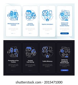 EV security moments onboarding mobile app page screen. Hybrid purchase walkthrough 4 steps graphic instructions with concepts. UI, UX, GUI vector template with linear day and night mode illustrations