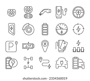 EV Set of Battery Electric car stroke line icons. E-Mobility charger vector illustrations