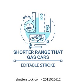 EV shorter range than gas car concept icon. Green tailpipe emissions making abstract idea thin line illustration. Environmentally friendly car. Vector isolated outline color drawing. Editable stroke