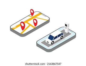 jede Station und das Auto elektrisch während des Ladens in isometrischer Grafik