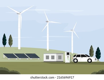 ev station and the car electric during charge with wind turbine and solar cell energy