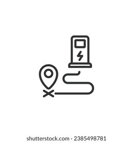 EV station gps icon. Electric car battery energy charging spot location line icon. EV terminal pin map point. Editable stroke. Vector illustration