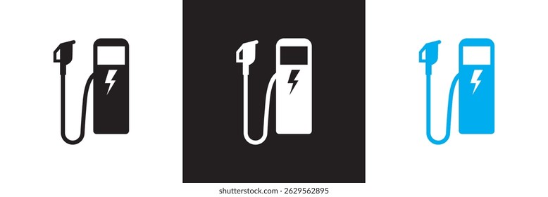 EV station icon. Electric charging station with plug. Vector for websites, mobile interfaces, presentations, banner, visual branding etc. Vector illustration. isolated on white and black background. 