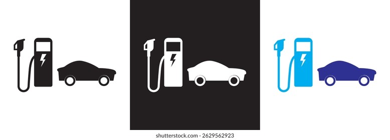 Icono de la estación EV. Estación de carga eléctrica con enchufe. Vector para Sitios web, interfaces móviles, presentaciones, Anuncio, imagen de marca, etc. Ilustración vectorial. aislado en el fondo blanco y negro. 