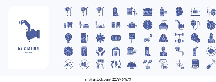 Juego de iconos de la estación EV, incluidos iconos como plug, Battery, Car y más
