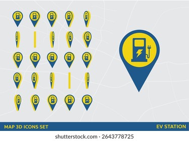 EV Station Maps 3D Icon Set Rotation Sign Vector Illustration