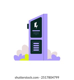 Estação EV isolada, simbolizando energia renovável, infraestrutura EV e transporte limpo, ilustração vetorial plana isolada no fundo branco.