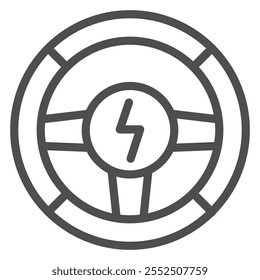 Icono de la línea del volante del EV, concepto de control de conducción del coche. Gráficos de Vector. Rueda con el signo del Botón del relámpago en el fondo blanco, icono del estilo del contorno para el móvil o el Diseño web