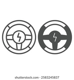 EV steering wheel line and solid icon, Car driving control concept. Vector graphics. Wheel with lightning button sign on white background, outline style icon for mobile or web design