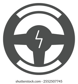 Icono sólido del volante del EV, concepto de control de conducción del coche. Gráficos de Vector. Rueda con el signo del Botón del relámpago en el fondo blanco, icono del estilo del glifo para el móvil o el Diseño web