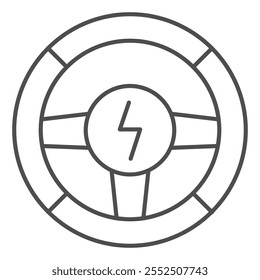 Icono de línea delgada del volante del EV, concepto de control de conducción del coche. Gráficos de Vector. Rueda con el signo del Botón del relámpago en el fondo blanco, icono del estilo del contorno para el móvil o el Diseño web