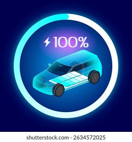 EV SUV Charging illustration showing an electric vehicle with a visible battery and 100% charge, surrounded by a glowing progress circle on a futuristic dark background.
