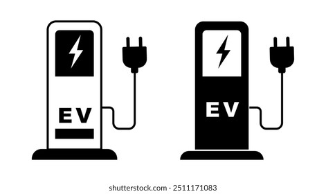Ilustração vetorial de símbolo de VE, Carro elétrico com ícone de plugue, Sinal de carregamento de veículo elétrico, Logotipo de ponto de carregamento de veículos híbridos verdes, Conceito de veículo ecológico. Ícone de VE isolado. Carregando VE.