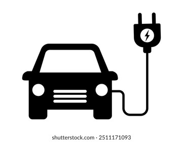 Ilustração vetorial de símbolo de VE, Carro elétrico com ícone de plugue, Sinal de carregamento de veículo elétrico, Logotipo de ponto de carregamento de veículos híbridos verdes, Conceito de veículo ecológico. Ícone de VE isolado. Carregando VE.
