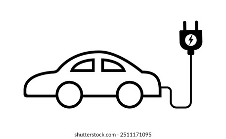 EV symbol vector illustration, Electric car with plug icon, Electric Vehicle Charging Sign, Green hybrid vehicles charging point logotype, Eco friendly vehicle concept. EV icon isolated. EV charging.