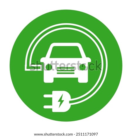 EV symbol vector illustration, Electric car with plug icon, Electric Vehicle Charging Sign, Green hybrid vehicles charging point logotype, Eco friendly vehicle concept. EV icon isolated. EV charging.