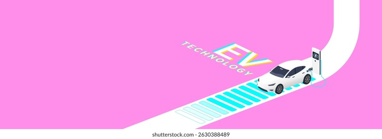 EV Technology concept featuring a white electric vehicle charging at a station on a pink background, symbolizing innovation, clean energy, and futuristic design.