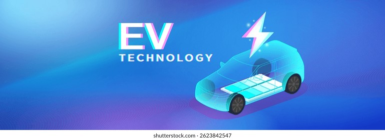 EV Technology concept with a transparent electric car showing battery pack structure and power symbol, highlighting innovation in clean energy and automotive design.