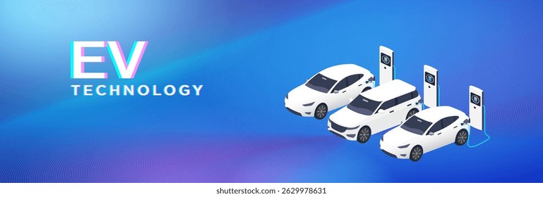 EV Technology concept with white electric cars charging at modern stations on a futuristic blue background. Clean energy and sustainable transport innovation.