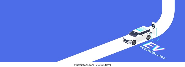 EV Technology illustration showing an electric vehicle charging at a station on a curved road, symbolizing innovation, clean energy, and sustainable transportation.