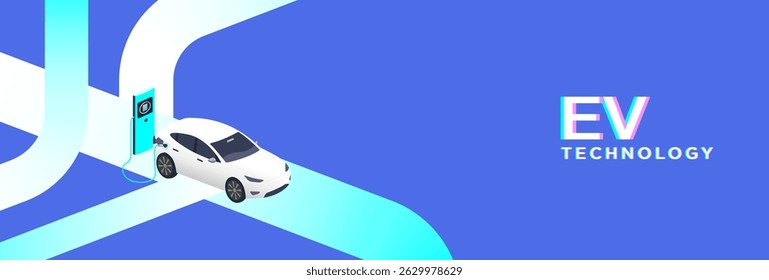 EV Technology vector illustration with electric car charging on a glowing blue road. Represents clean energy, smart mobility, and future electric vehicle design.