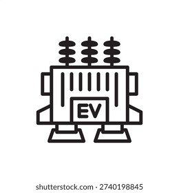 EV transformer icon. Electric vehicle charging infrastructure, represents high-voltage power distribution, charging station step-down units, grid-to-vehicle energy transfer, and electrical engineering