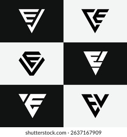 EV VE letter logo set featuring triangle shapes with a minimal, modern look. Perfect for branding, identity, and creative business logo templates in vector format.