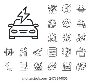 EV vehicle charge sign. Energy, Co2 exhaust and solar panel outline icons. Car charging line icon. Electric power symbol. Car charging line sign. Eco electric or wind power icon. Green planet. Vector