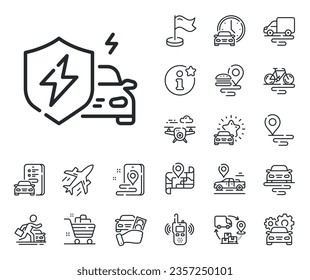 EV vehicle charge sign. Plane, supply chain and place location outline icons. Car charging line icon. Electric power shield symbol. Car charging line sign. Taxi transport, rent a bike icon. Vector