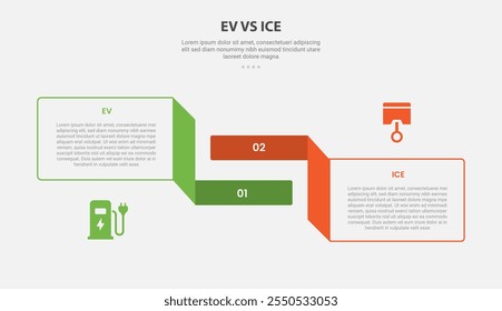 EV vs ICE technology infographic outline style with 2 point comparison template with rectangle box and flipped ribbon for slide presentation vector