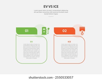 EV vs ICE technology infographic outline style with 2 point comparison template with table box with fluid line like comment discussion shape for slide presentation vector