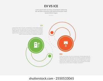 EV vs ICE technology infographic outline style with 2 point comparison template with big circle cycle opposite direction for slide presentation vector